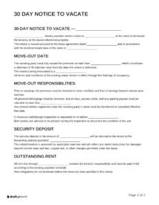30 Day Notice to Vacate Template