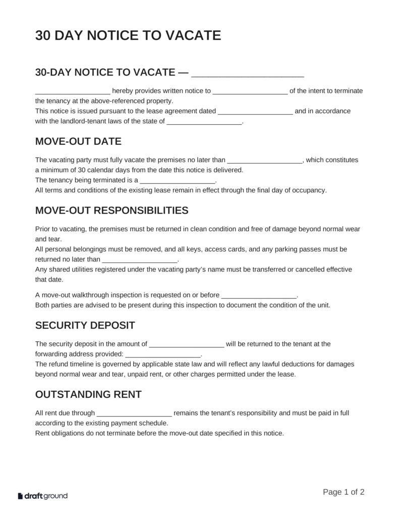 30 Day Notice to Vacate Template