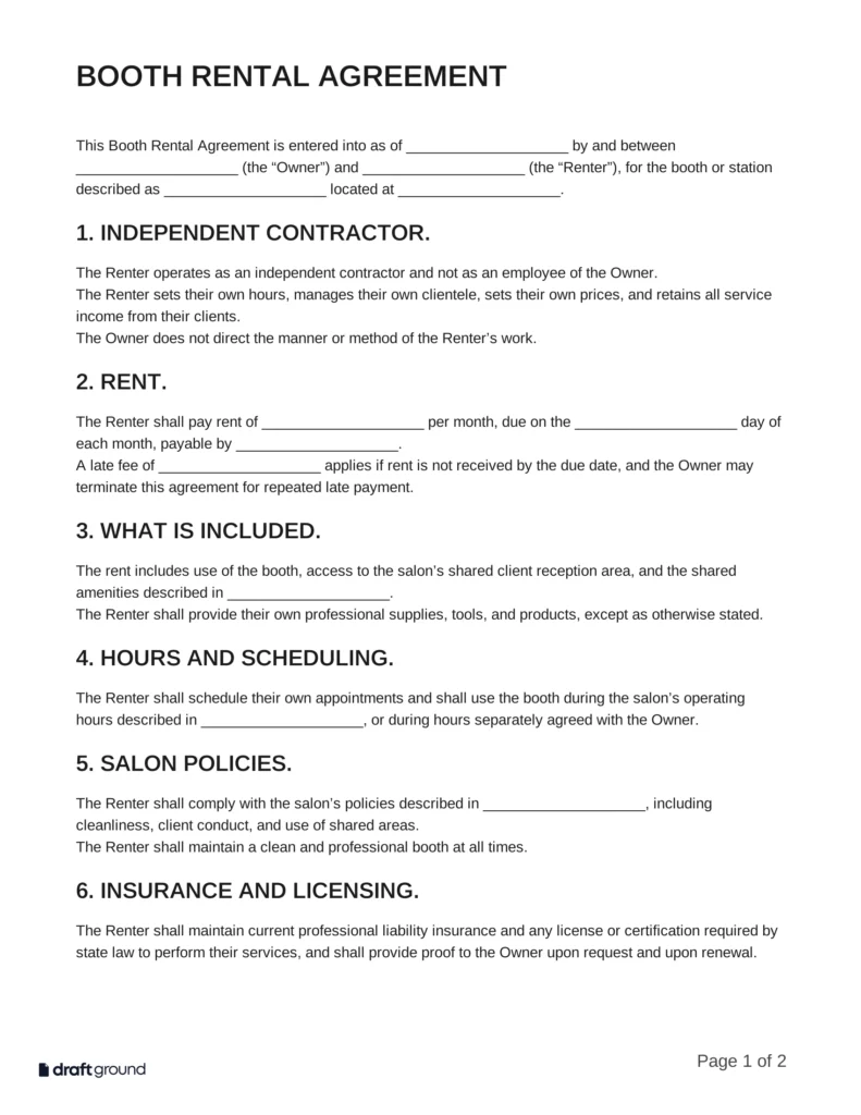 Booth Rental Agreement Template