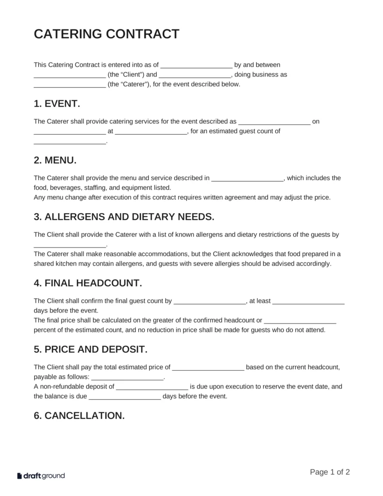 Catering Contract Template