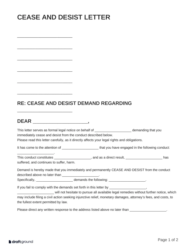 Cease and Desist Letter Template