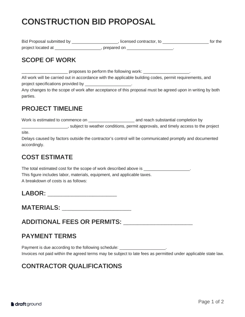 Construction Bid Proposal Template