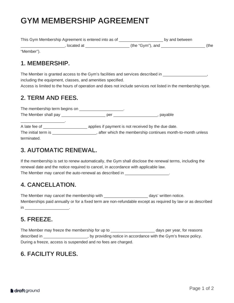 Gym Membership Agreement Template