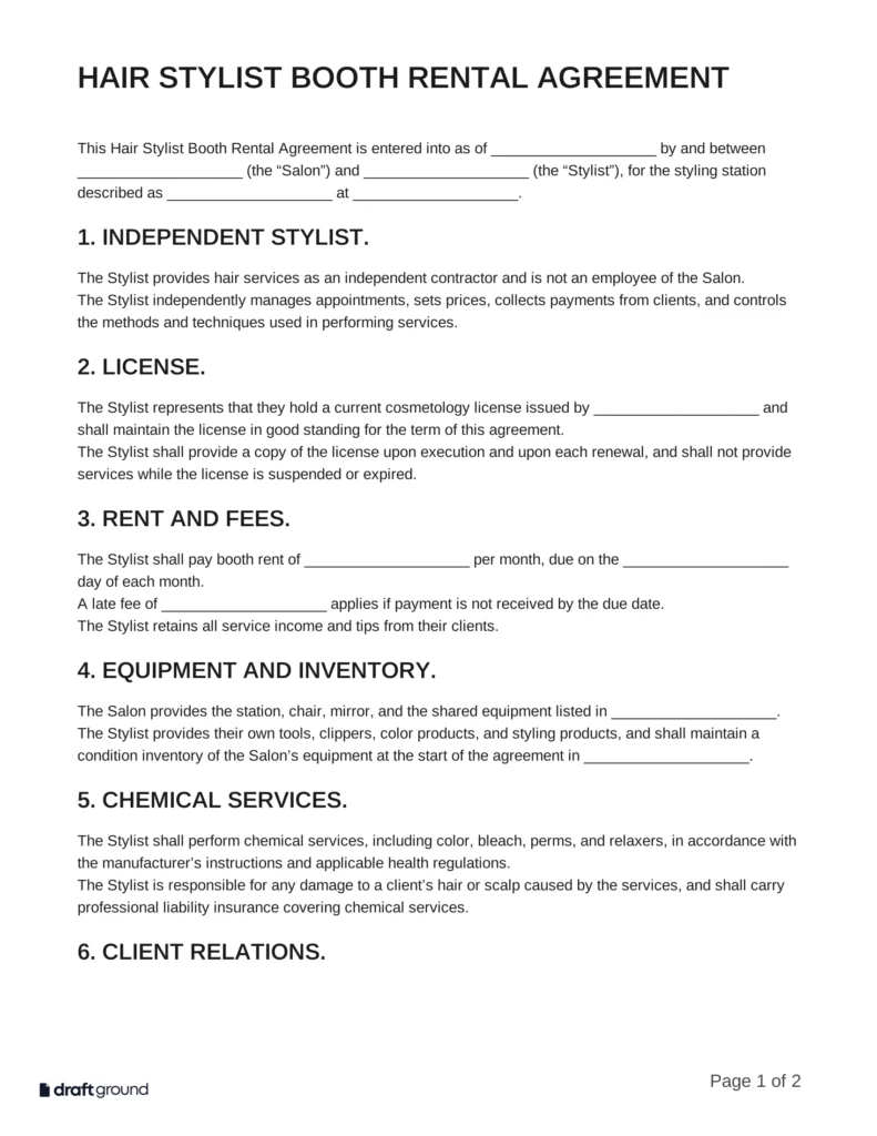 Hair Stylist Booth Rental Agreement