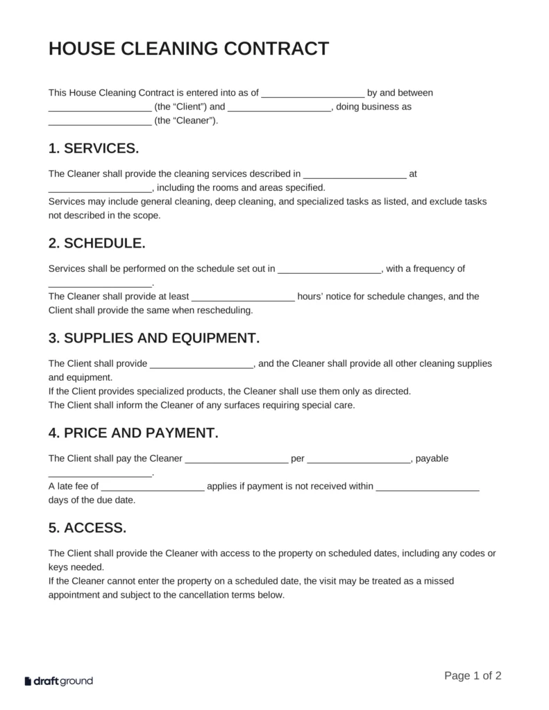 House Cleaning Contract Template