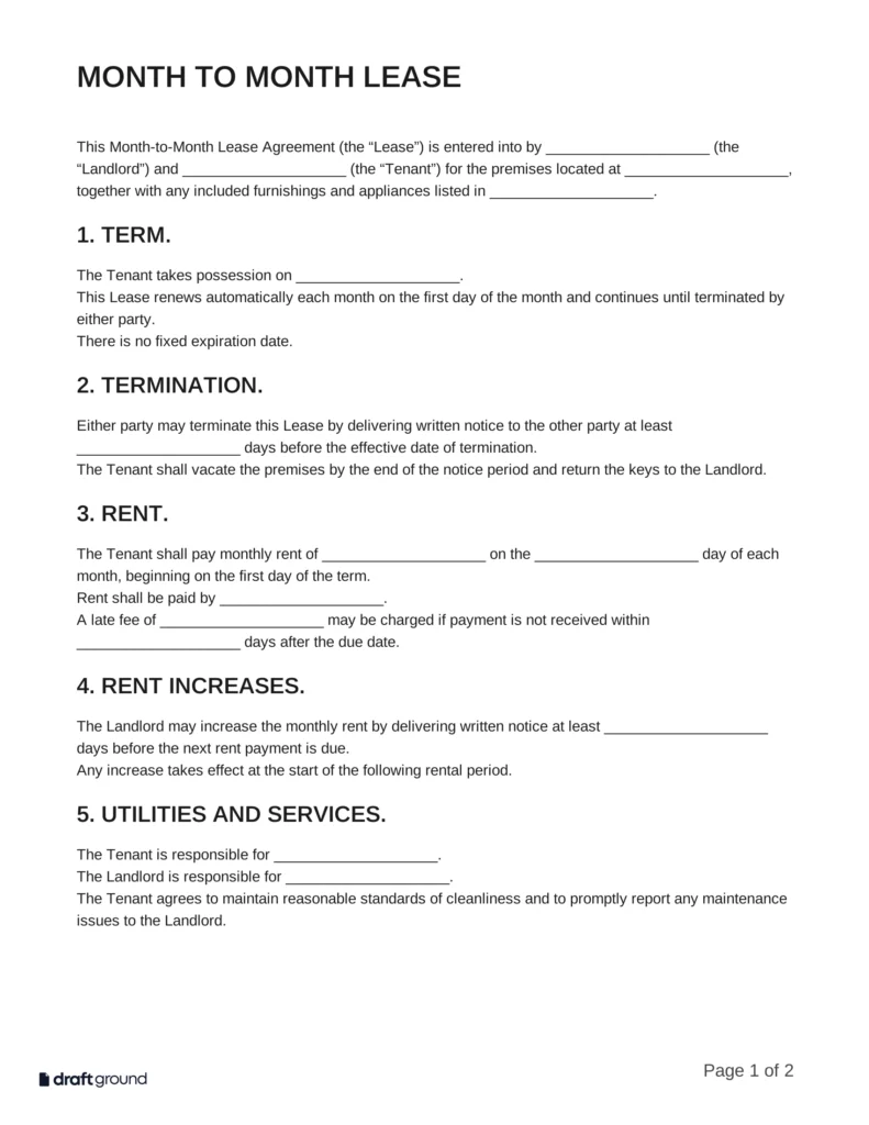 Month to Month Lease Template