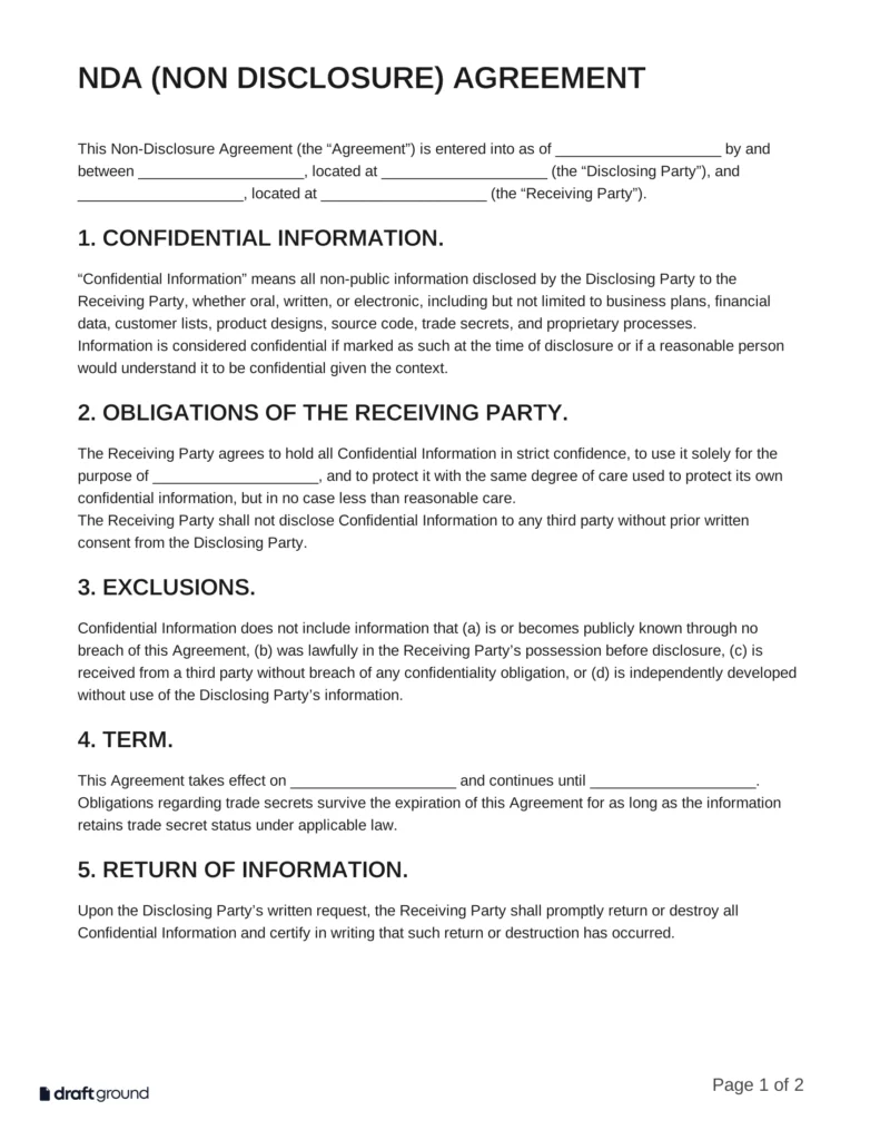 NDA (Non Disclosure) Agreement Template