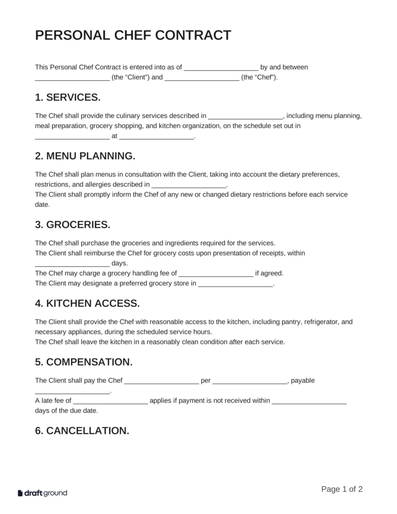 Personal Chef Contract Template