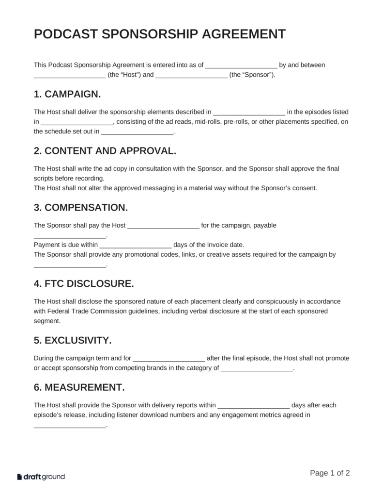 Podcast Sponsorship Agreement Template