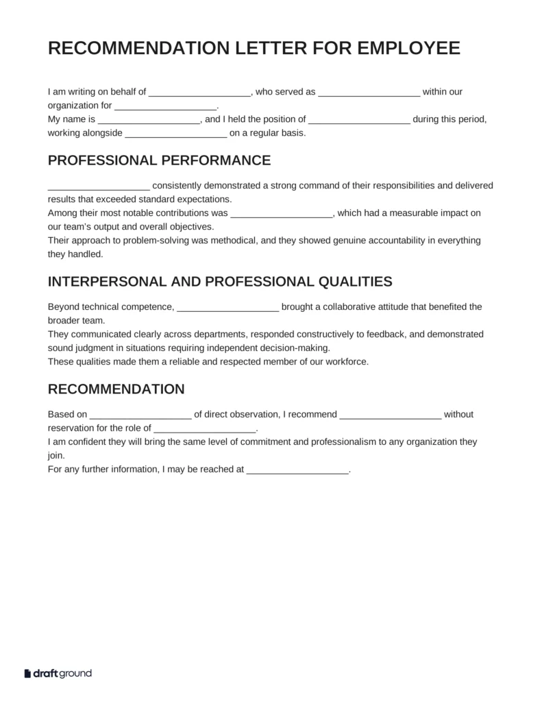 Recommendation Letter Template for Employee