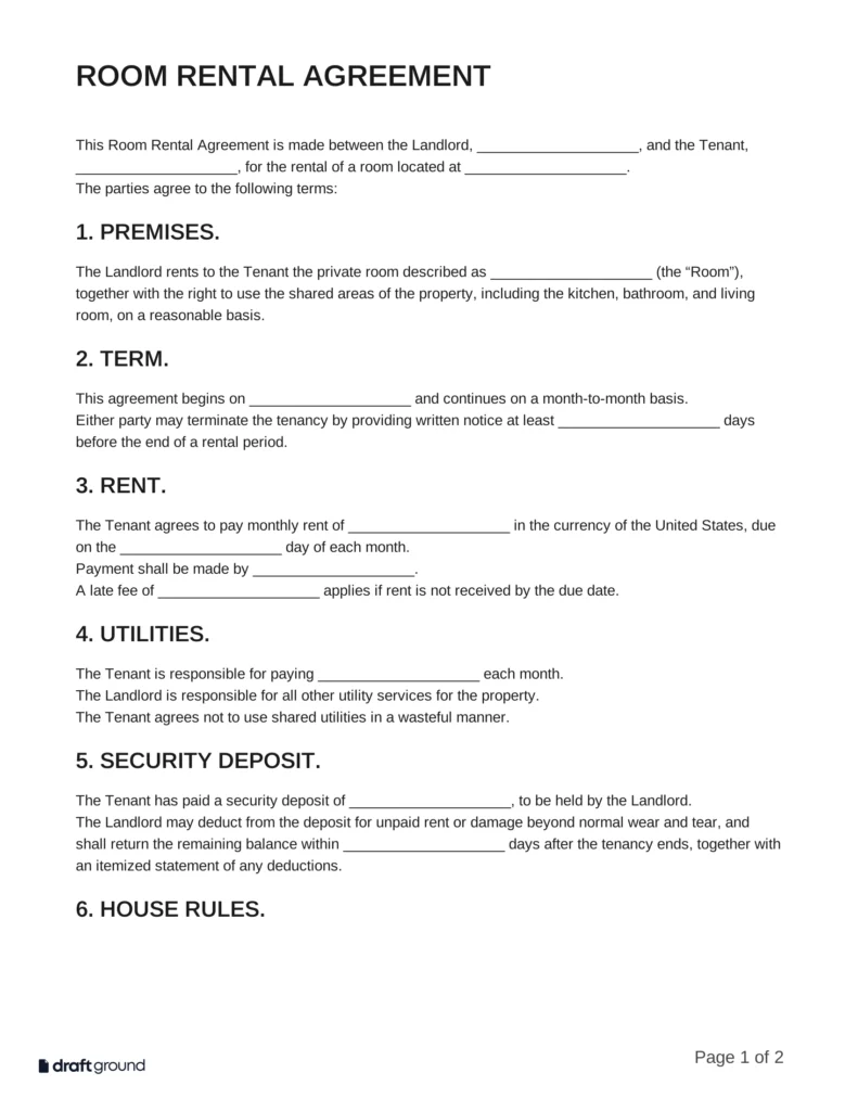 Room Rental Agreement Template