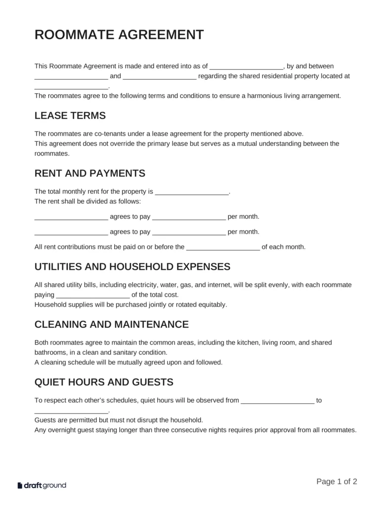 Roommate Agreement Template