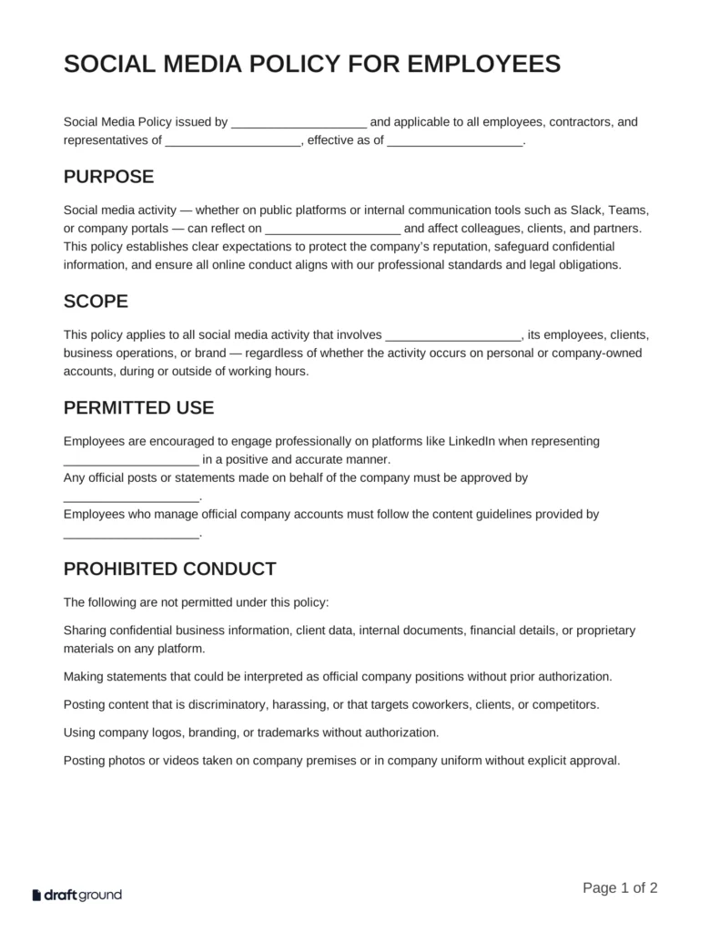 Social Media Policy Template for Employees