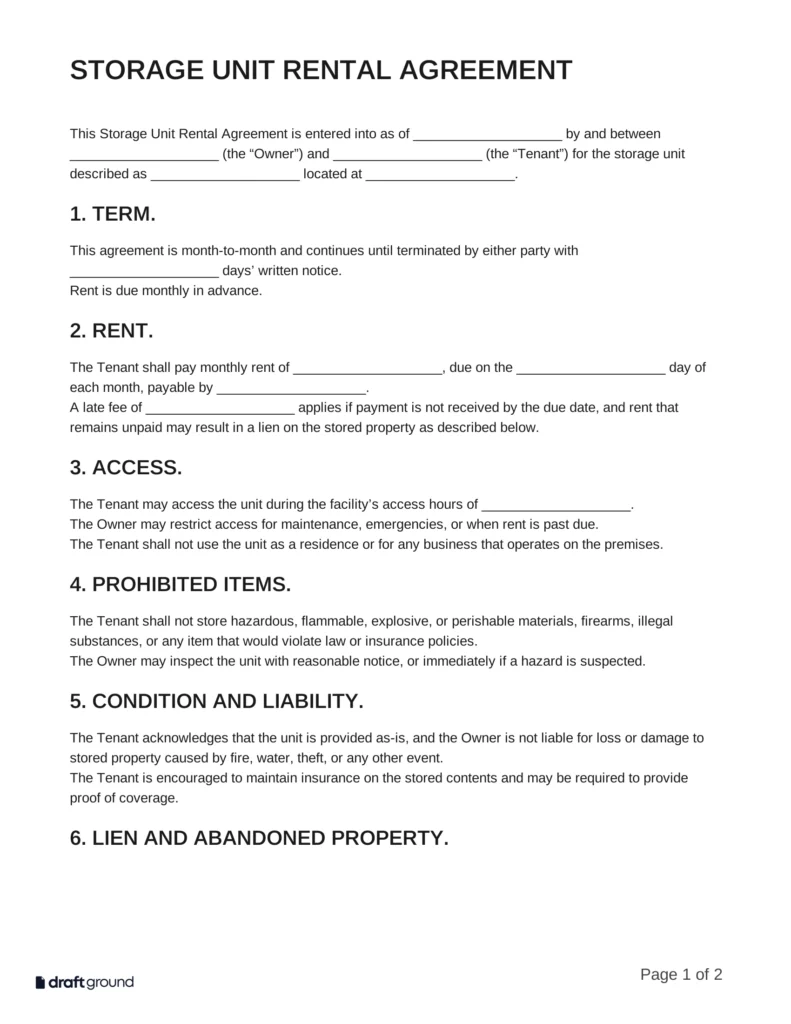 Storage Unit Rental Agreement