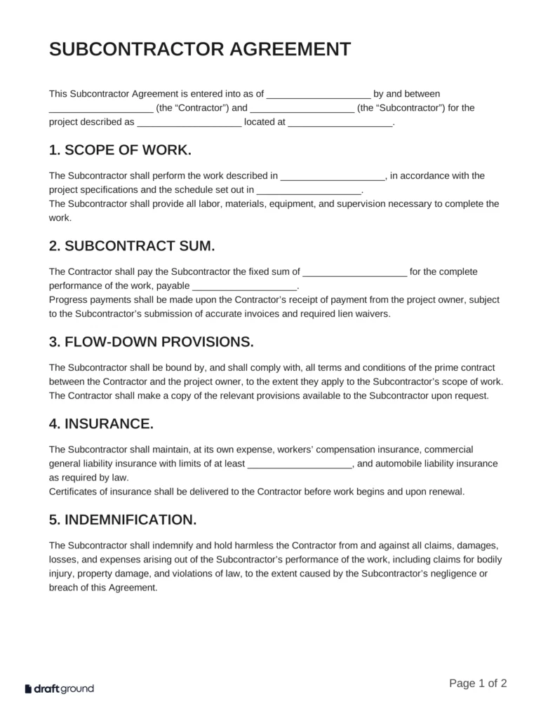 Subcontractor Agreement Template