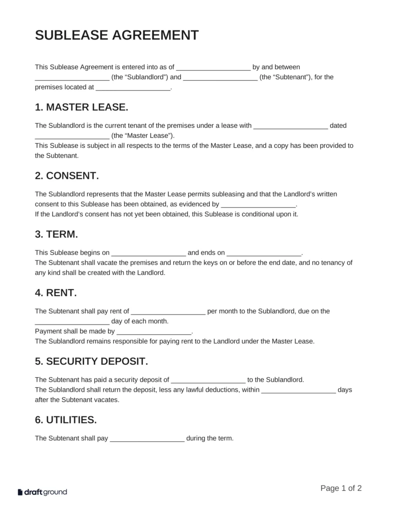 Sublease Agreement Template
