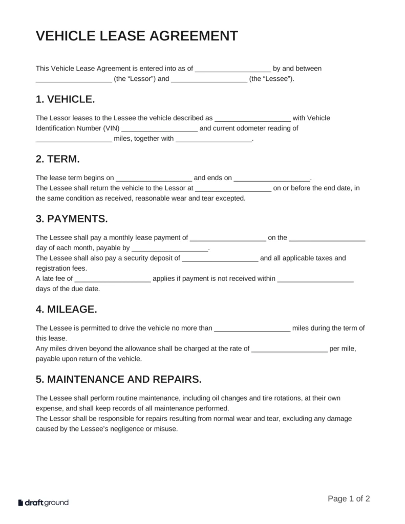 Vehicle Lease Agreement Template